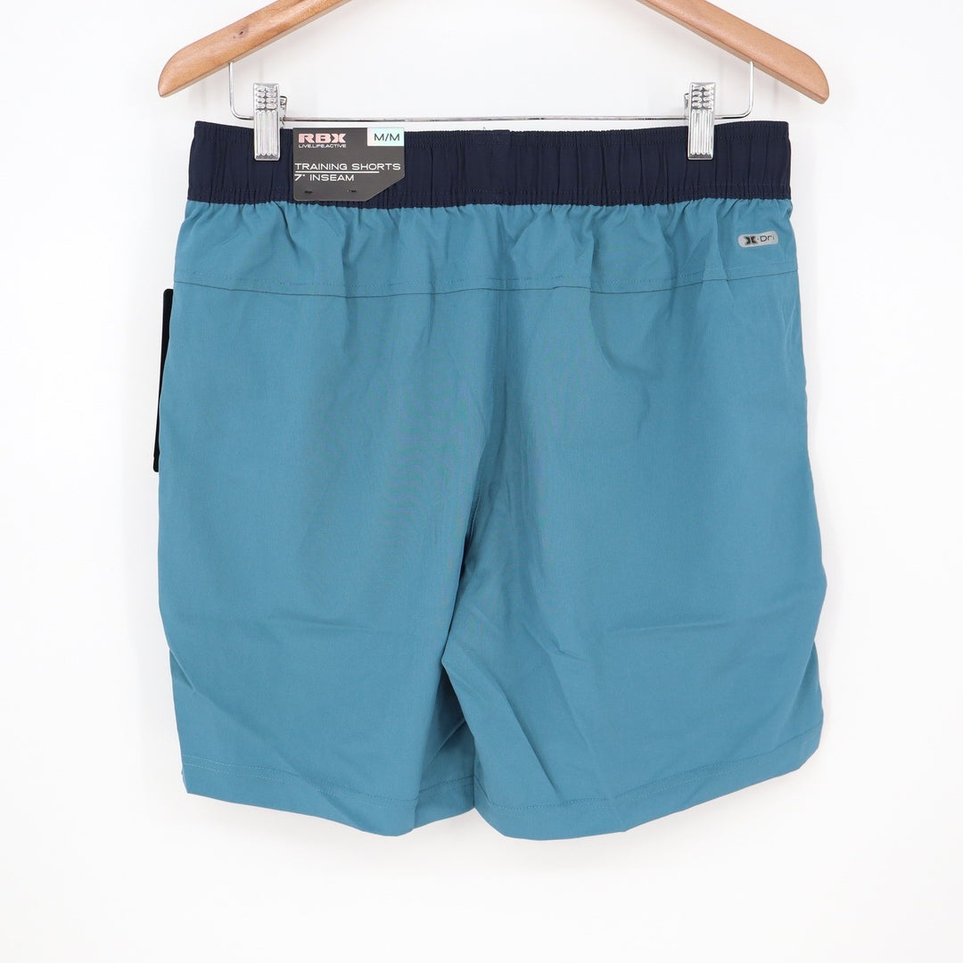 RBX Mens Performance Training Shorts Teal Navy Blue Size M 7 Inseam NWT