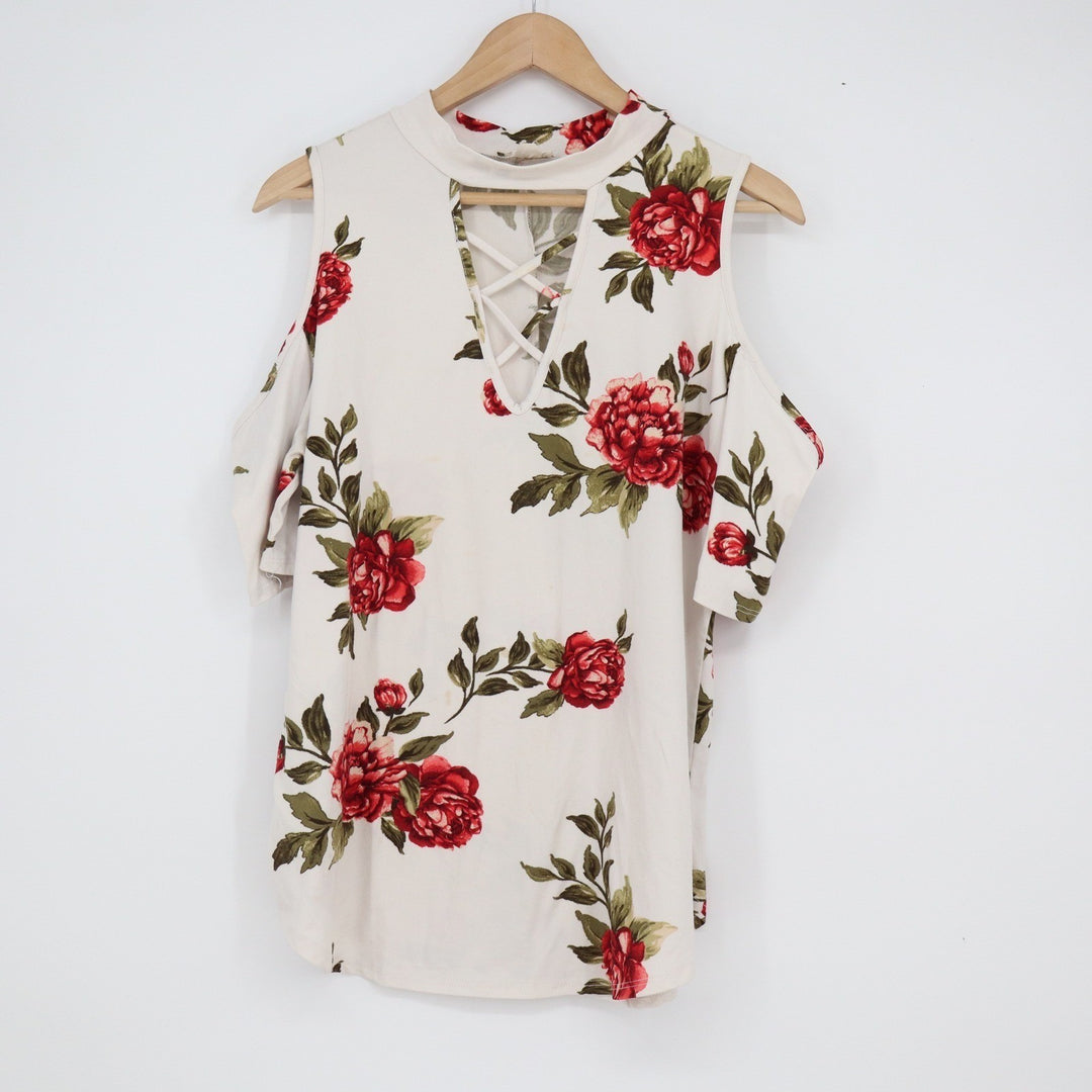 Trendy J Floral Cold Shoulder Top XL Cream Red Peony Strappy Cutout Mock Neck