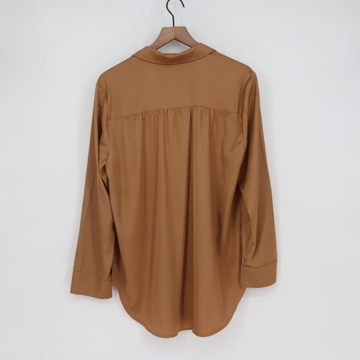 Shirt Womens Brown Pleated High Low Hem Spread Collar Long Sleeve Button Up