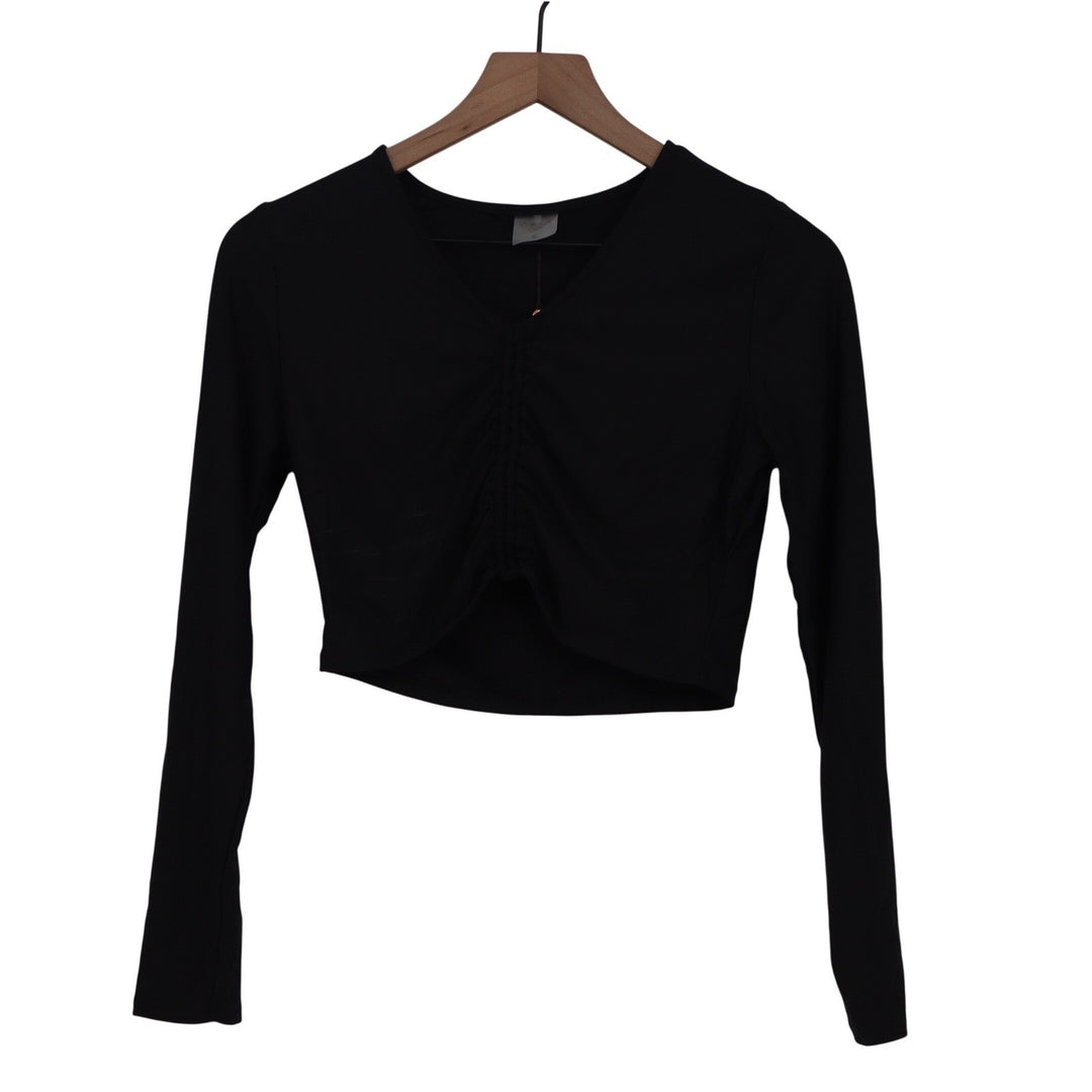 Calia Womens S Ruched Rashguard Long Sleeve Cropped Swim Top Black
