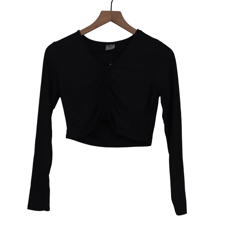 Calia Womens S Ruched Rashguard Long Sleeve Cropped Swim Top Black