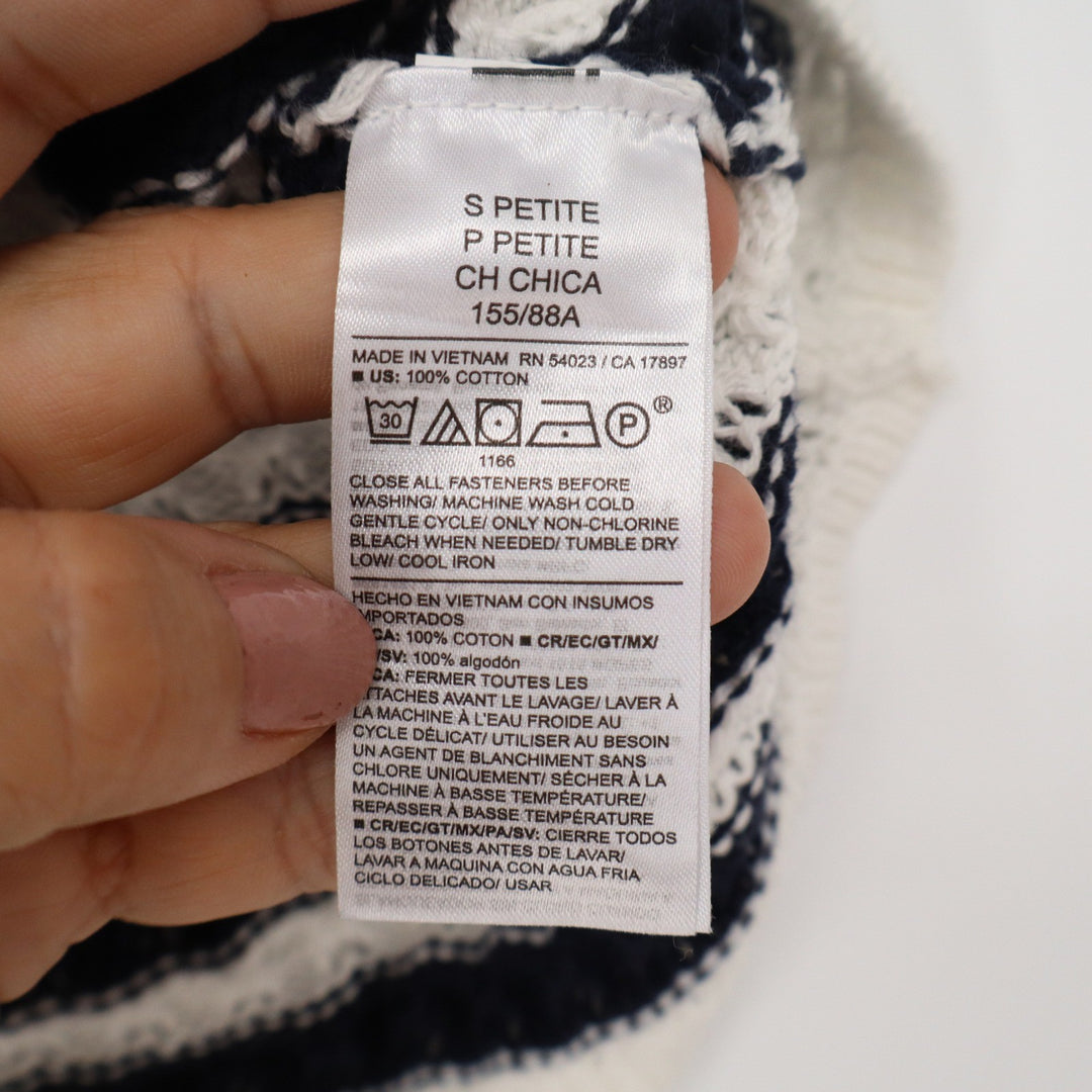 Old Navy Petite Small Navy Blue White Striped Pointelle Knit Cardigan Sweater
