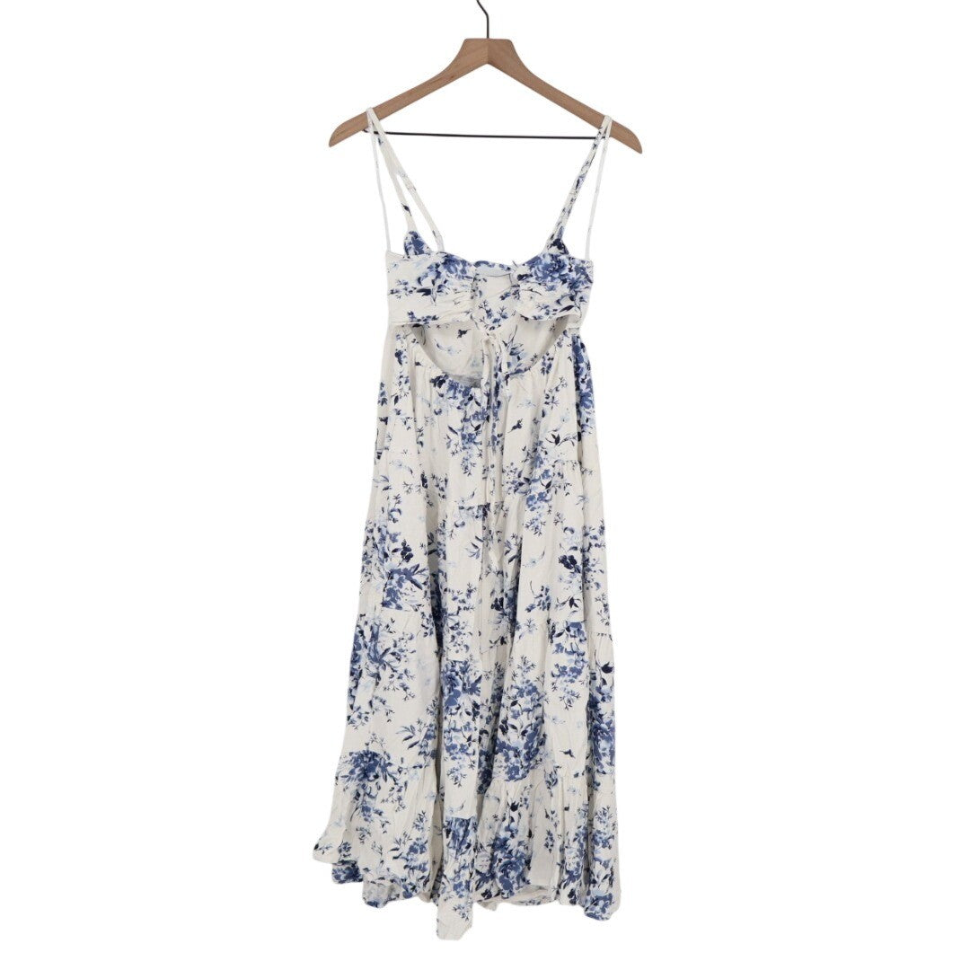 Lulus Mykonos Mood Tiered Midi Dress Womens S Navy Blue Floral Linen Tie-Strap
