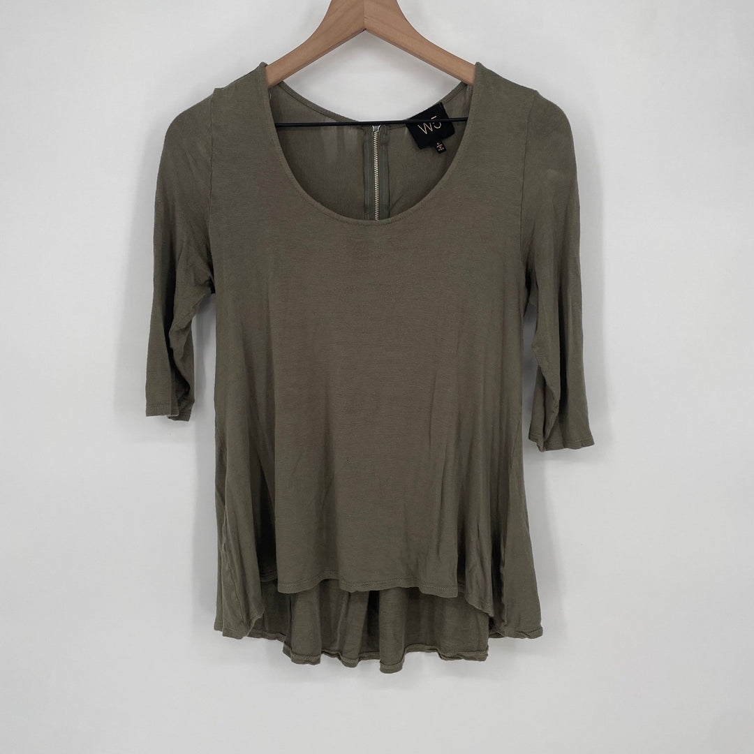 WJ Womens Olive Green Tunic Top 3/4 Sleeve Scoop Neck Zipper Back Size S