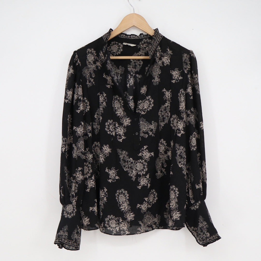 Max Studio London Black Beige Floral Paisley Ruffle Neck Blouse Top