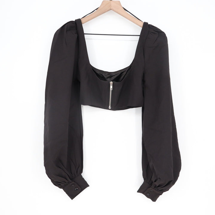 Naked Wardrobe The Statement Black Puff Sleeve Square Neck Crop Top  S