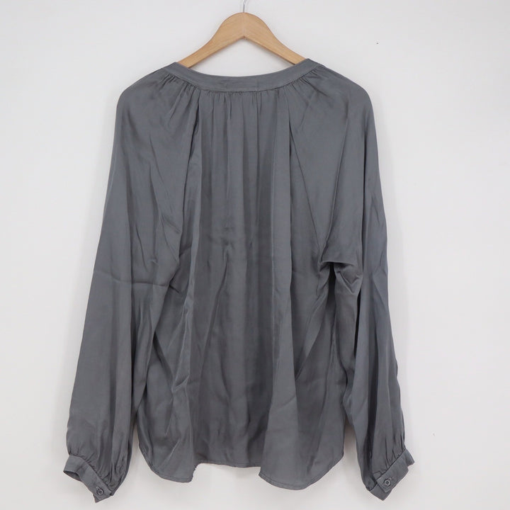 Bella Dahl Gray Split V-Neck Tie Long Sleeve Blouse Top Large