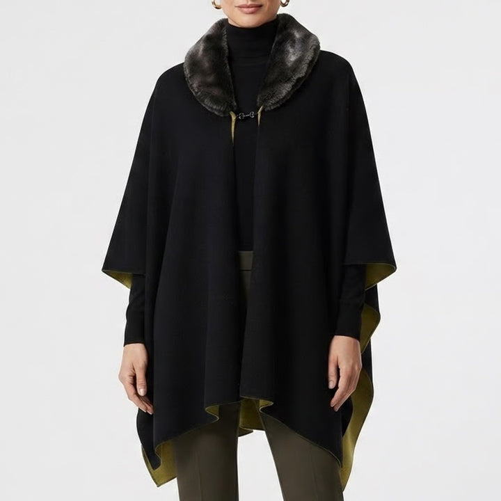 Black Chartreuse Yellow Faux Fur Collar Open Front Poncho Wrap Cape One Size
