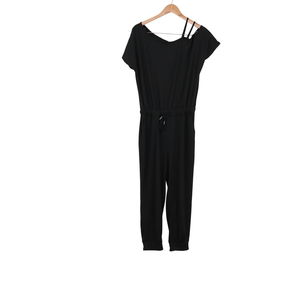 SHEIN Jumpsuit Womens L Jogger Black Asymmetrical Strappy Drawstring Excellent