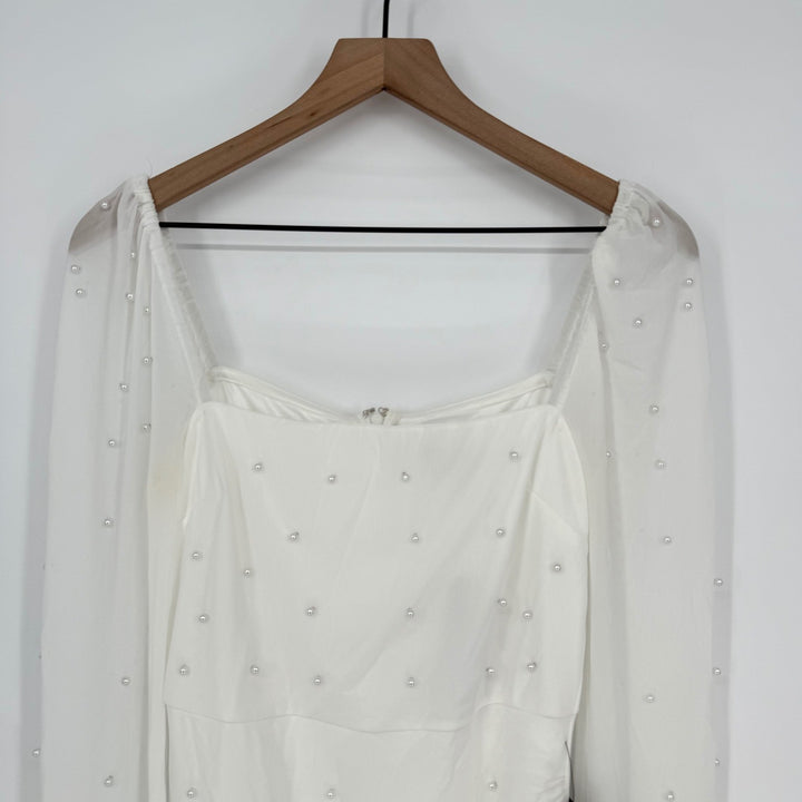 Lulus Admirably Divine White Mesh Pearl Long Sleeve Mini Dress Size M
