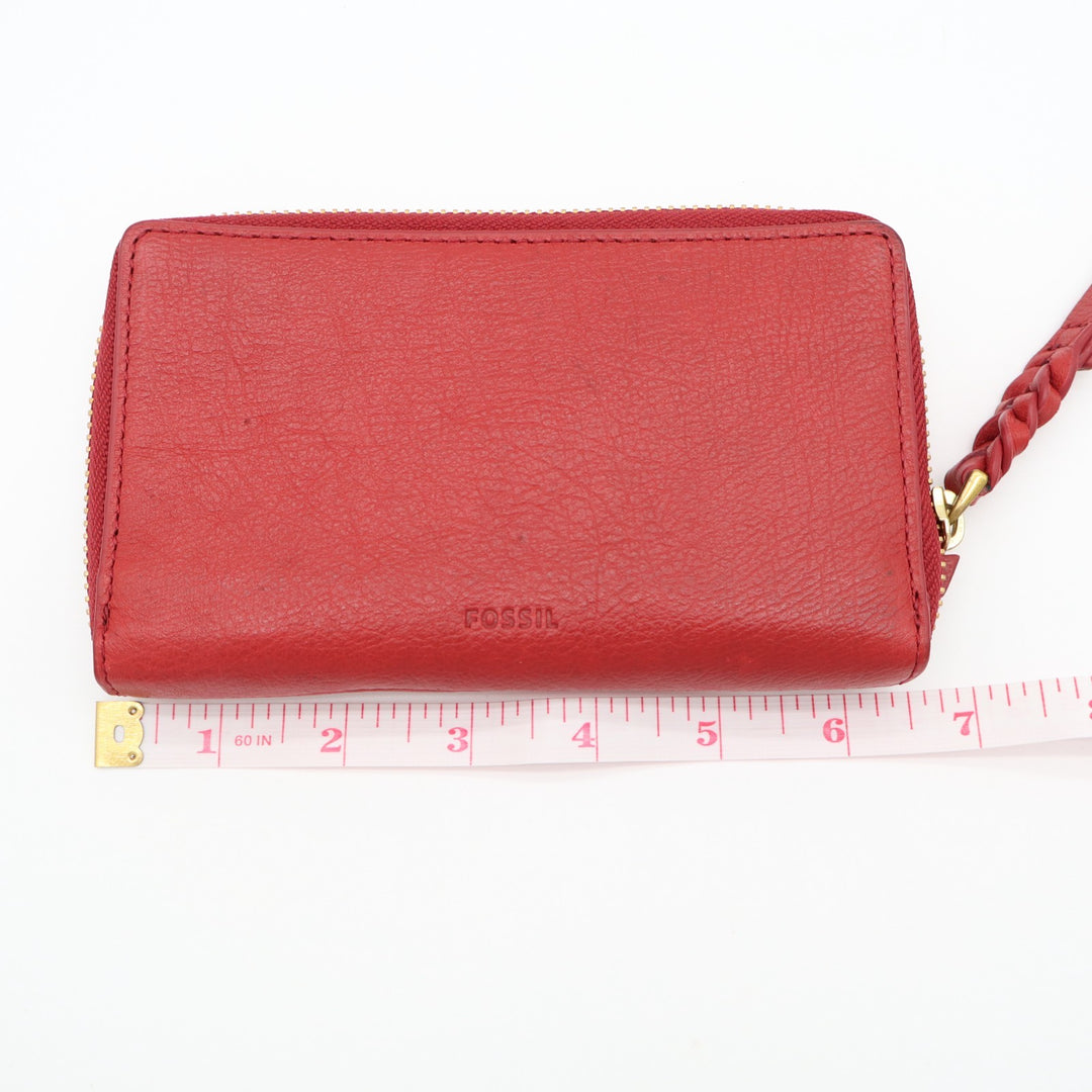 Fossil Women's Red Pebbled Leather Credit Card Slot Clutch Wristlet Wallet