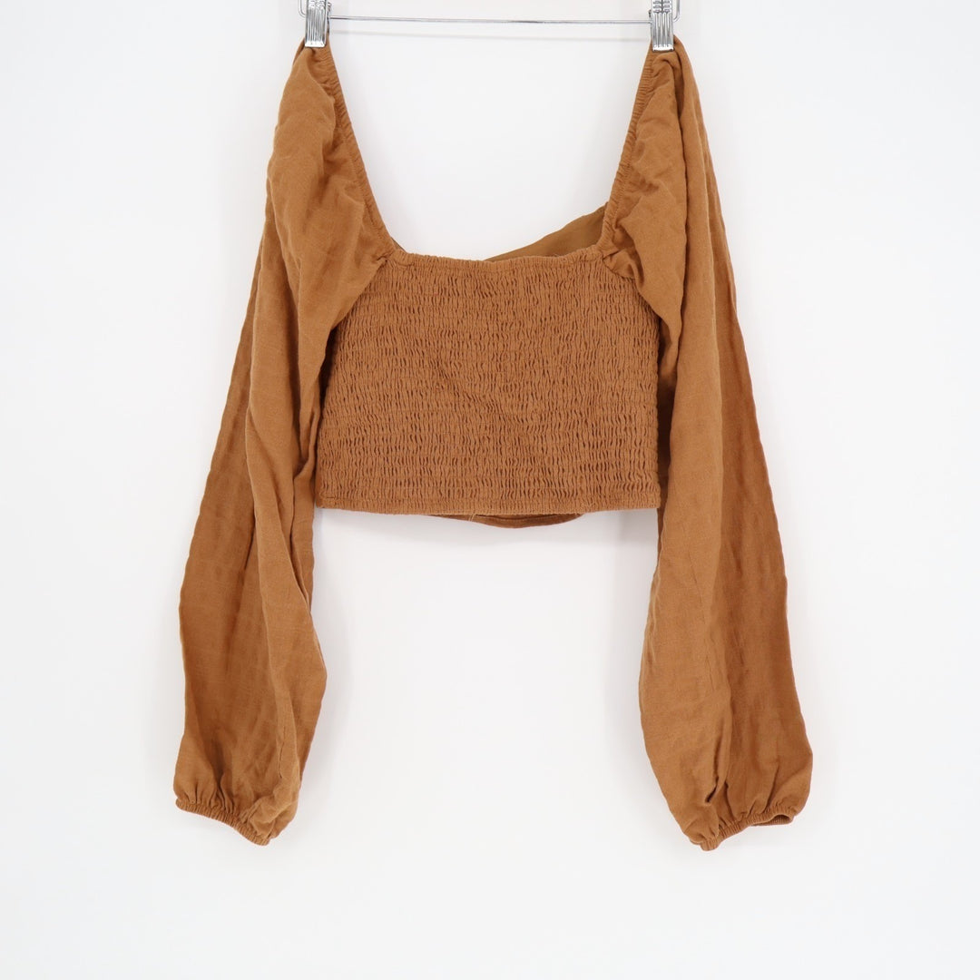 Wild Fable Crop Top Womens M Brown Cotton Stretch Pleated Smocked Square Neck