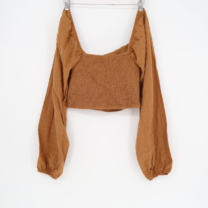 Wild Fable Crop Top Womens M Brown Cotton Stretch Pleated Smocked Square Neck