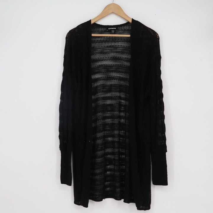 Express Womens Black Pointelle Knit Open Front Cardigan Longline Sweater Size S