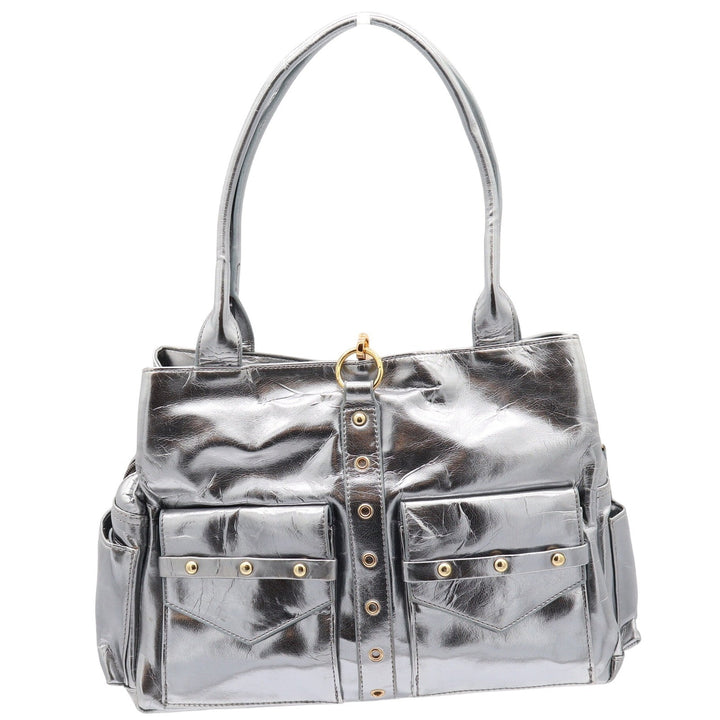 Unbranded Shoulder Bag Womens Large Y2K Metallic Silver Studded Pockets Good