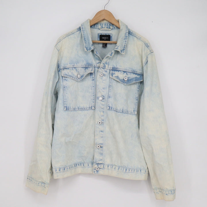 Forever 21 Men Light Wash Acid Wash Denim Trucker Jacket XL Blue Cotton