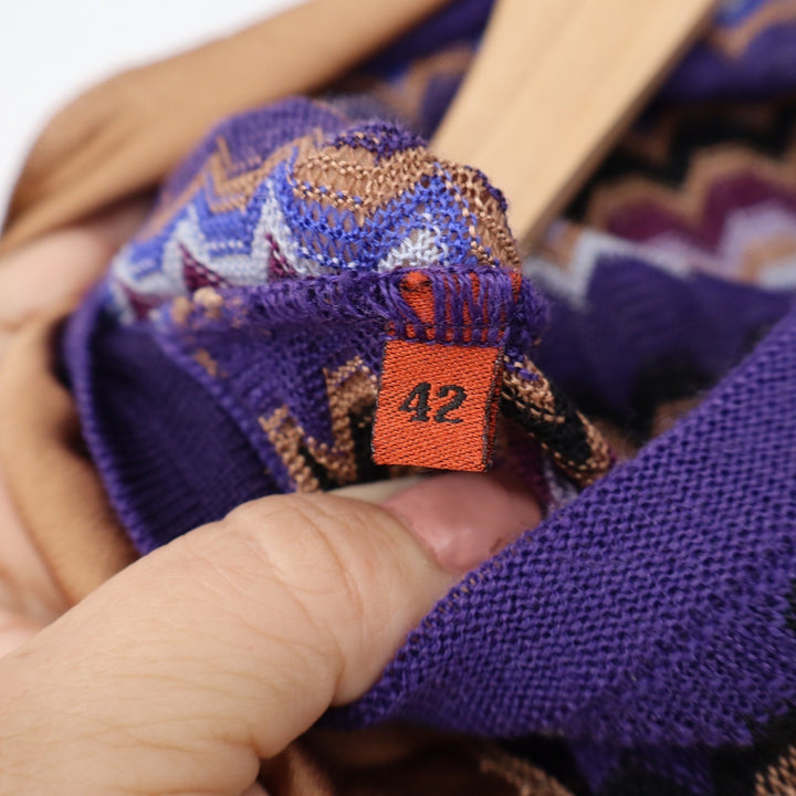 Missoni Vintage Purple Zigzag Knit Tie Neck Dress Wool Blend Made in Italy 42