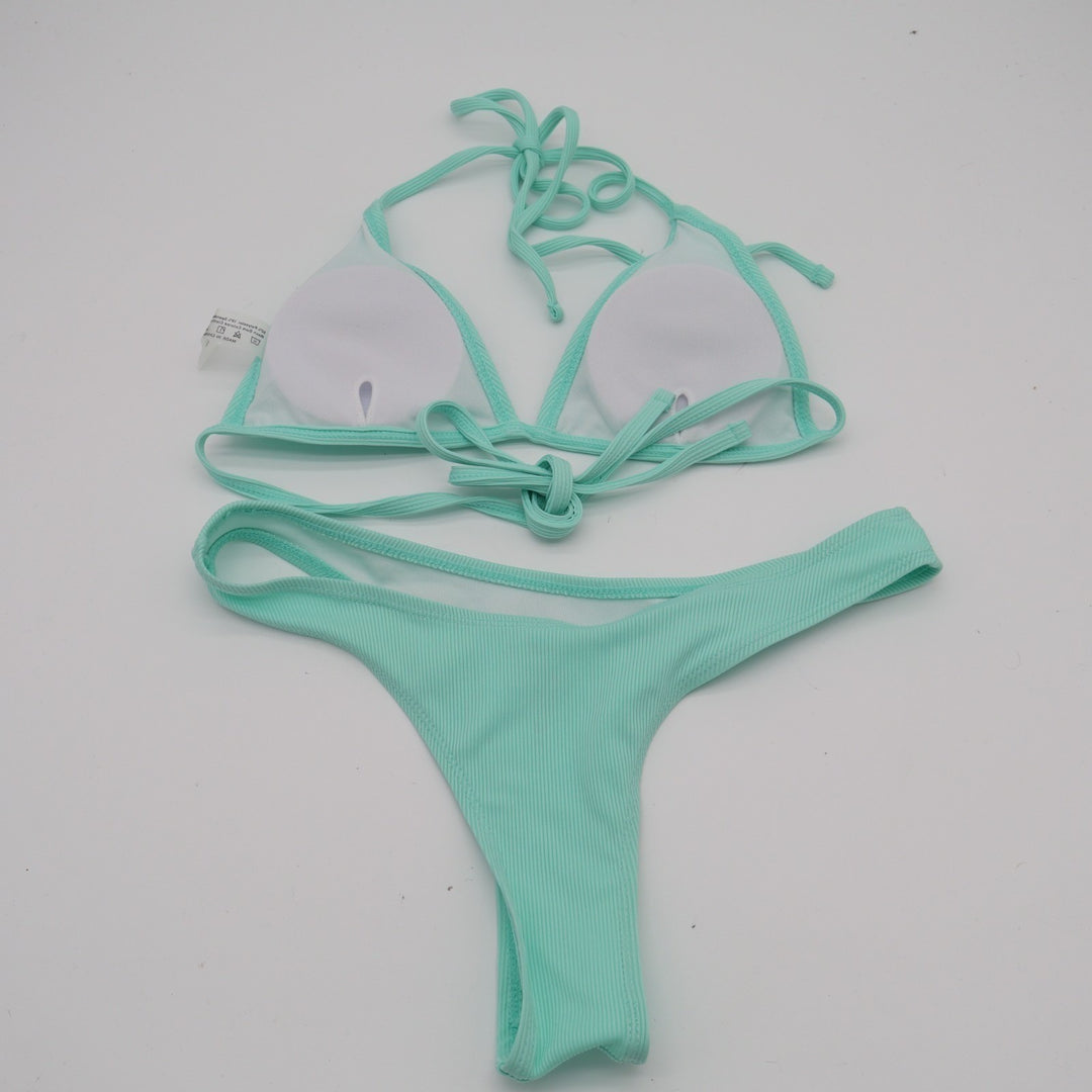 2 Piece Triangle Bikini Set Women S Aqua Ribbed Stretch Spaghetti Strap Swimwear