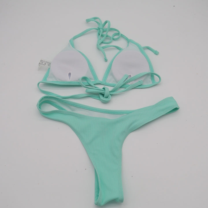 2 Piece Triangle Bikini Set Women S Aqua Ribbed Stretch Spaghetti Strap Swimwear
