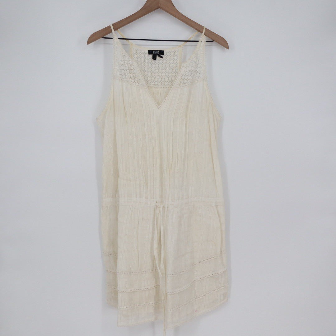 PAIGE Cream Lace Trimmed V Neck Dress Size L Lightweight Cotton Drawstring Waist