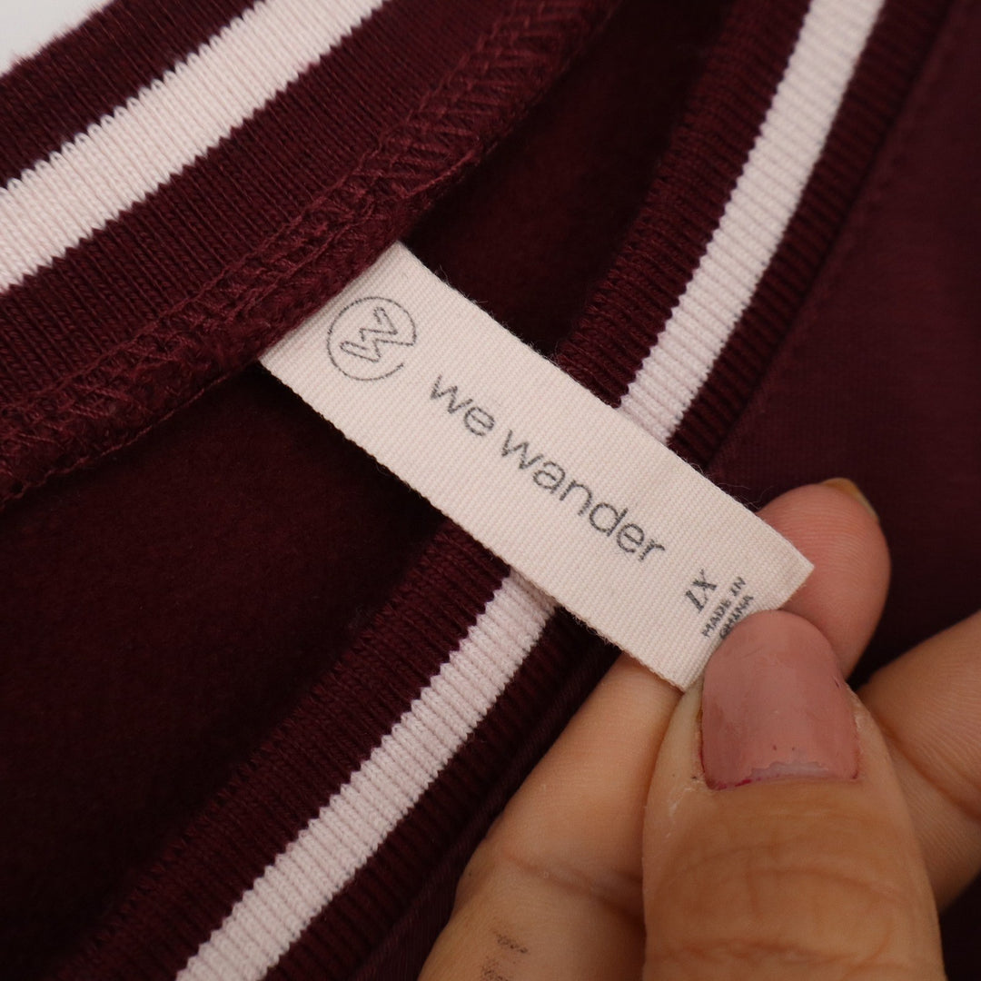 We Wander Burgundy V-Neck Striped Trim Fleece Pullover Sweatshirt 1X