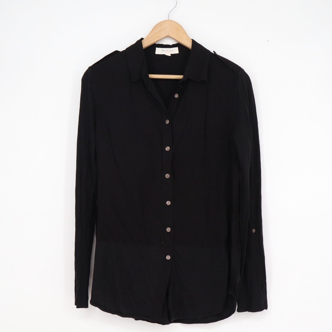 Two by Vince Camuto Womens Black Mixed Media Roll Tab Button Down Shirt Small