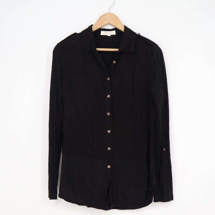 Two by Vince Camuto Womens Black Mixed Media Roll Tab Button Down Shirt Small