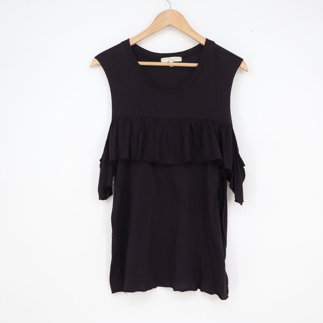 Truly Madly Deeply Black Ruffle Cold Shoulder Top Medium Scoop Neck Cotton Modal