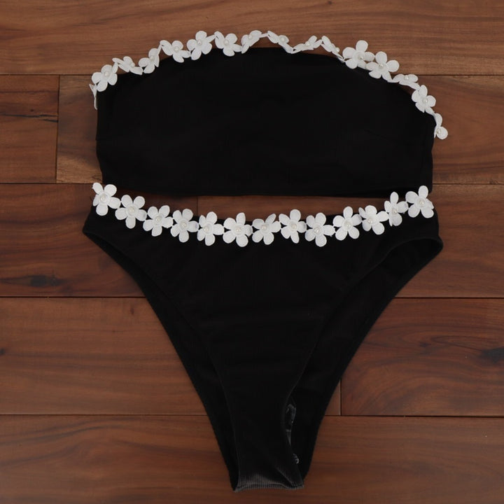 Cupshe Strapless Bandeau Bikini Set Womens L Black Stretch Floral Pearl Swimwear