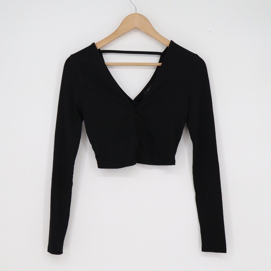 AFRM Womens Black Ribbed V-Neck Long Sleeve Cropped Top Back Strap Detail XS