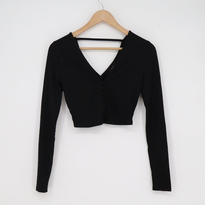 AFRM Womens Black Ribbed V-Neck Long Sleeve Cropped Top Back Strap Detail XS
