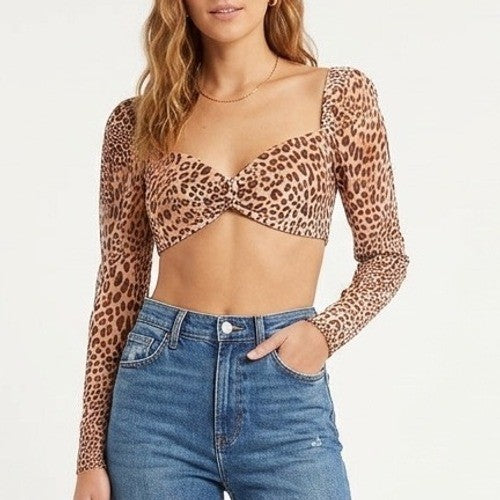 Naked Wardrobe Leopard Print Velvet Crop Top Long Sleeve Womens Small