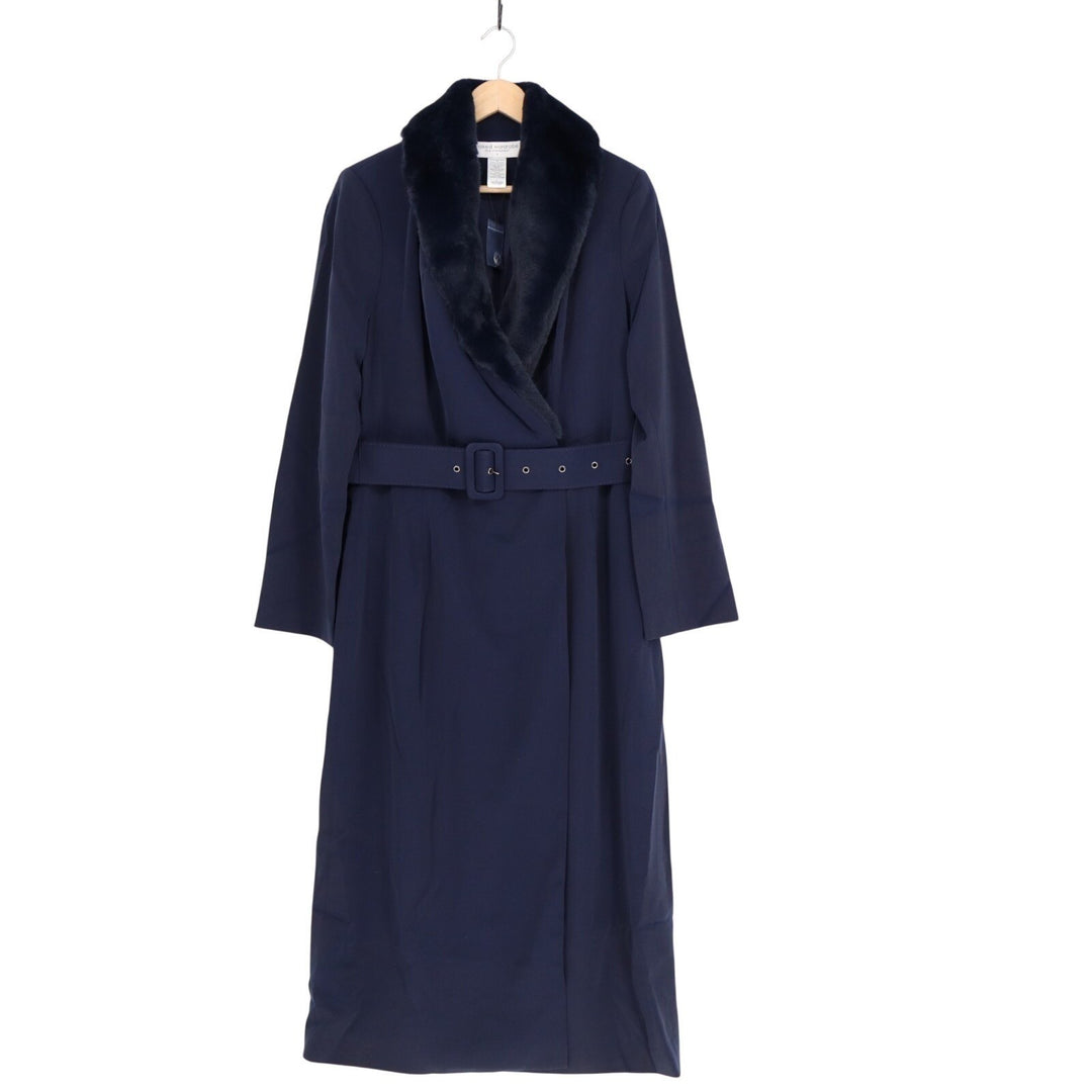 Naked Wardrobe The Statement Trench Coat Womens L Navy Fur Shawl Collar Stretch