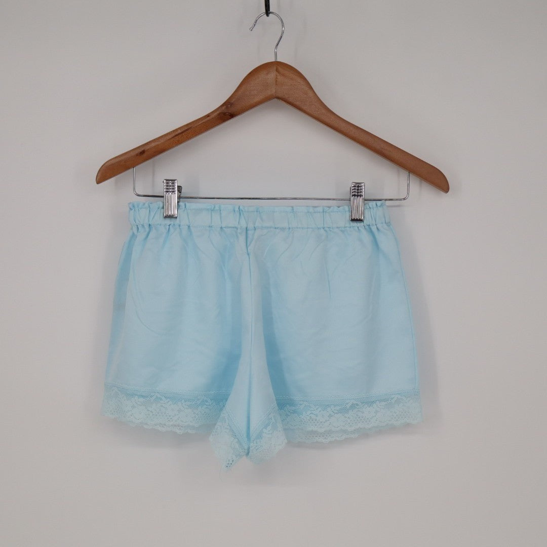 Flora Nikrooz Selena Sleep Shorts Women XS Light Blue Cotton Tie Front Lace Trim