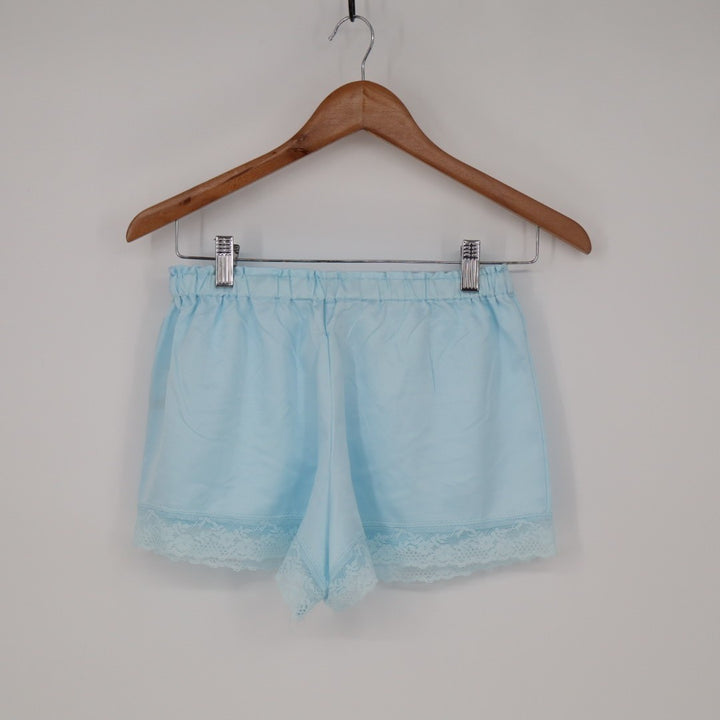Flora Nikrooz Selena Sleep Shorts Women XS Light Blue Cotton Tie Front Lace Trim
