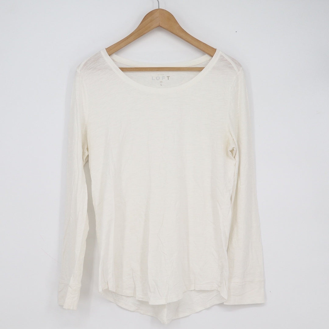 Ann Taylor Loft Womens White 100% Cotton Slub Long Sleeve Scoop Neck Tee Size L