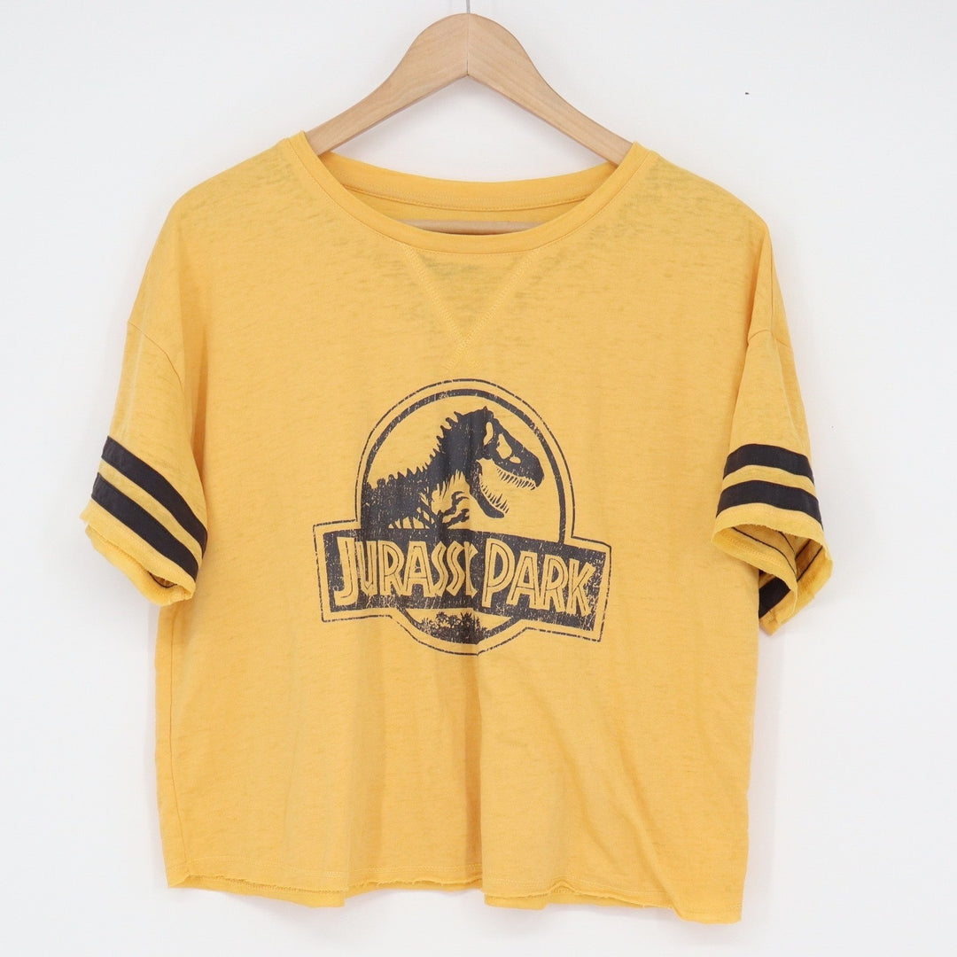 Jurassic World Park Graphic T-Shirt Yellow Varsity Stripe Sleeve Large