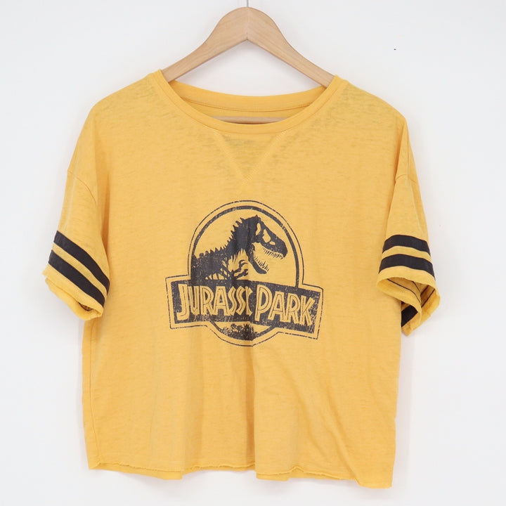 Jurassic World Park Graphic T-Shirt Yellow Varsity Stripe Sleeve Large