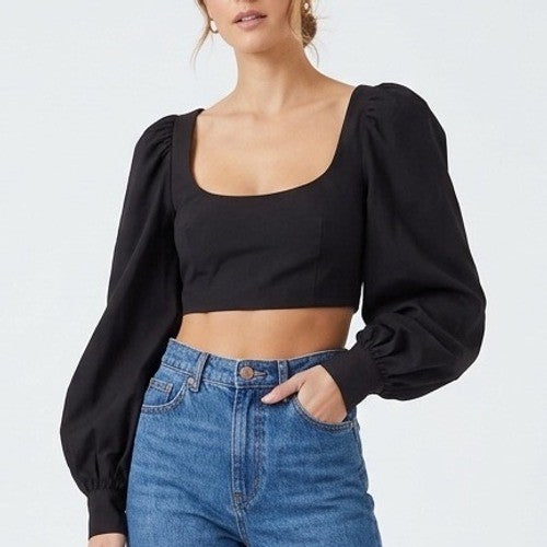 Naked Wardrobe The Statement Black Puff Sleeve Crop Top NWSP20-T19 Small