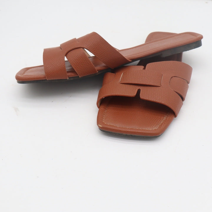 FASHION Brown Textured H-Band Flat Slide Sandals Square Toe Size 10 43 0050