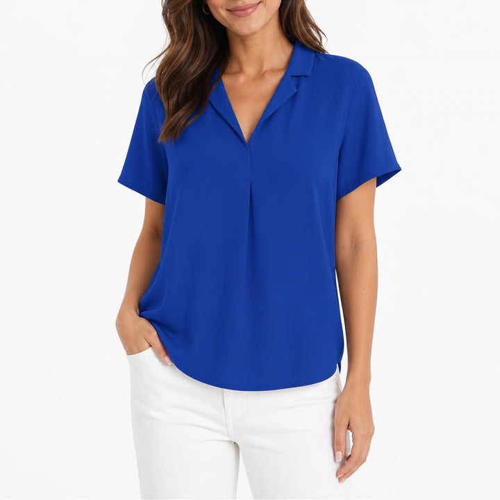 Hilary Radley Royal Blue Short Sleeve Notched Collar Blouse Large