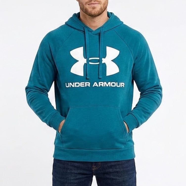 Under Armour Mens Rival Fleece Hoodie Teal Blue Graphic Logo Pullover