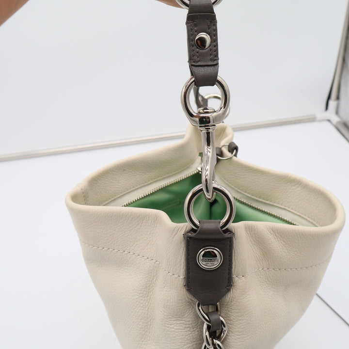 Coach Shoulder Bag Women's Hobo Cream Grey Pebbled Leather Studded Good