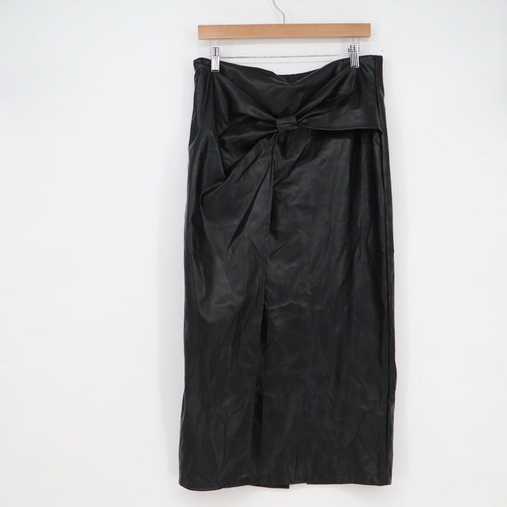 SHEIN Black Faux Leather Knot Front Midi Skirt XL High Waist Slit Pencil Skirt