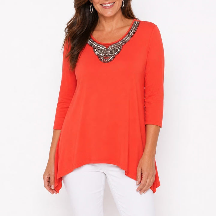 Cable & Gauge Orange Beaded Sharkbite Tunic Top XL 3/4 Sleeve Embellished Neck