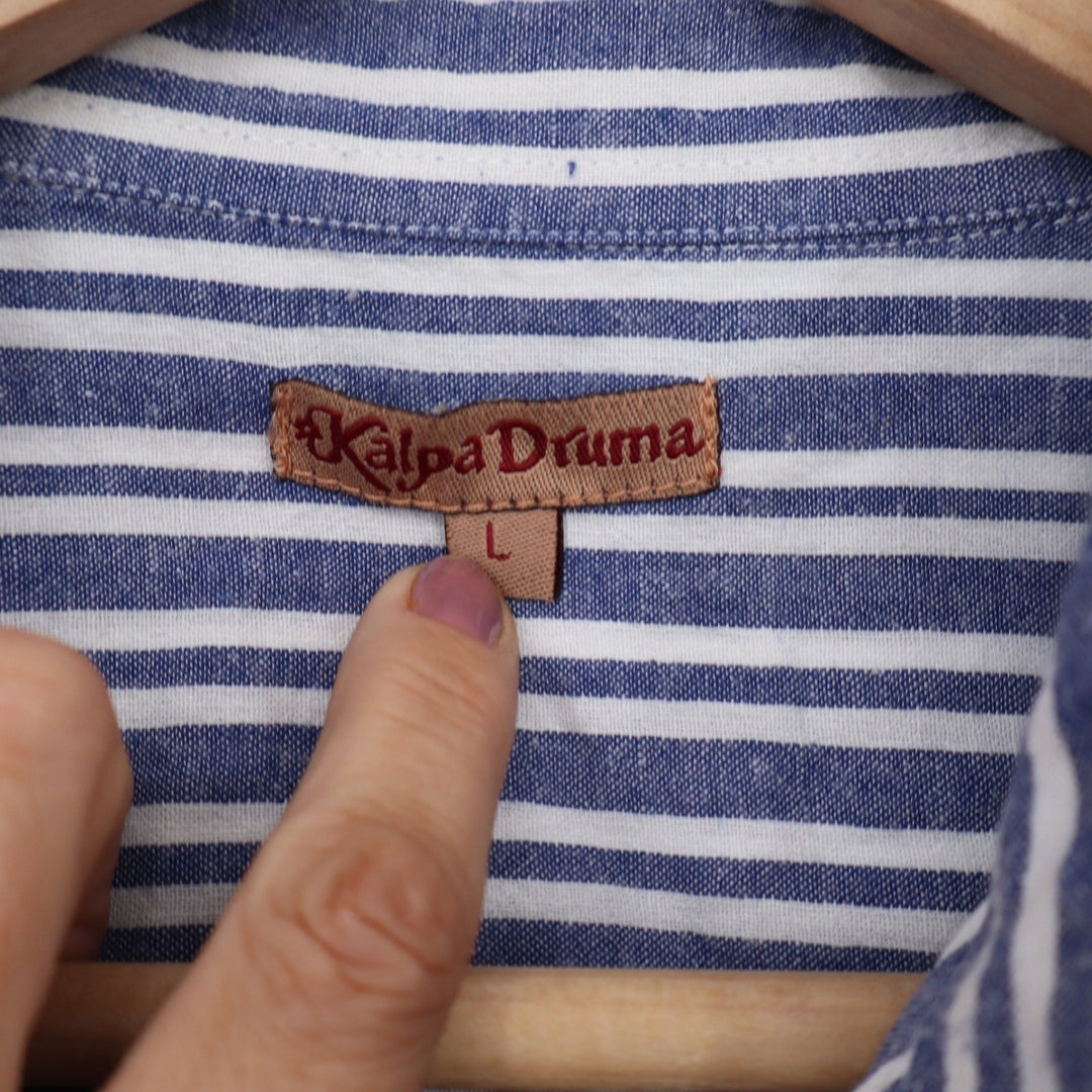 Kalpa Druma Mens Blue White Striped Short Sleeve Button Down Shirt Size L