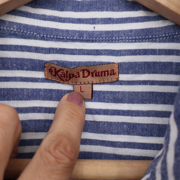 Kalpa Druma Mens Blue White Striped Short Sleeve Button Down Shirt Size L