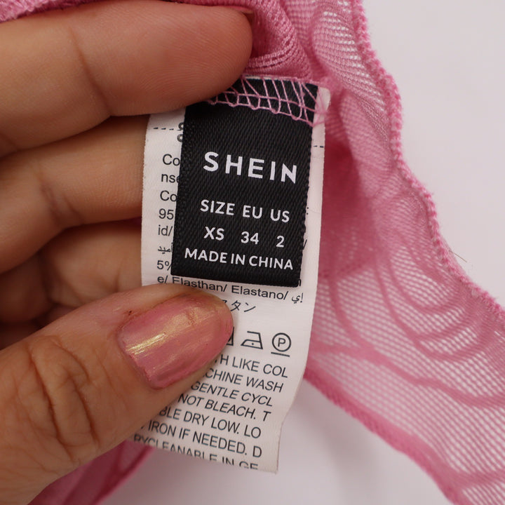 SHEIN Tube Top Womens XS Handkerchief Hem Pink Rose Floral Mesh Twist Excellent