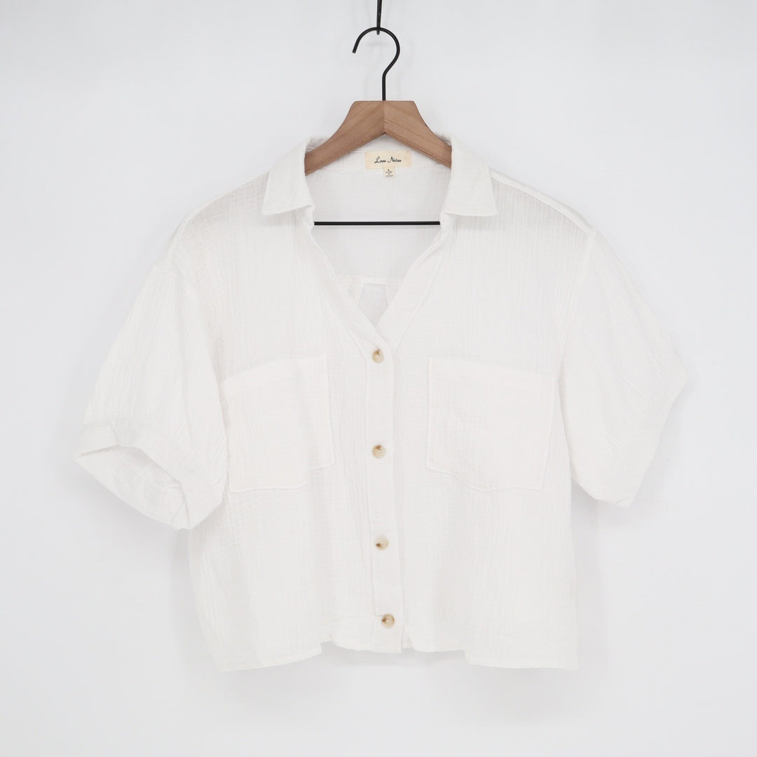 Love Notes White Cotton Gauze Cropped Button Down Shirt Short Sleeve Large