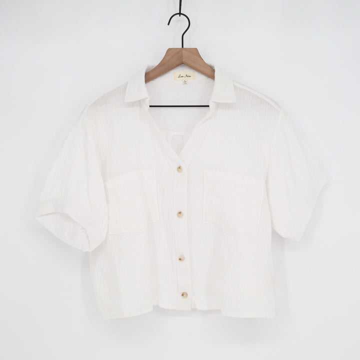 Love Notes White Cotton Gauze Cropped Button Down Shirt Short Sleeve Large